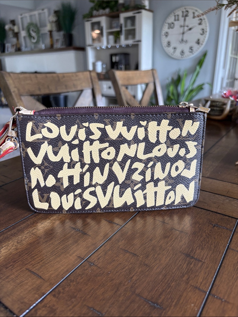Brown Fashion Canvas Graffiti Monogram Wristlet with Cream Script